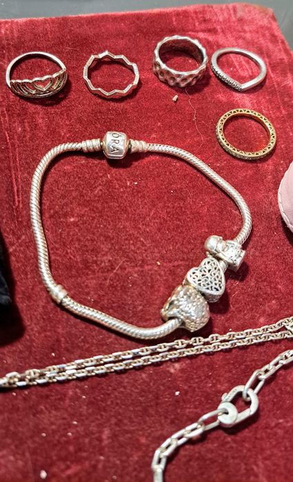 Pandora pratas lote pulseiras aneis e fio.