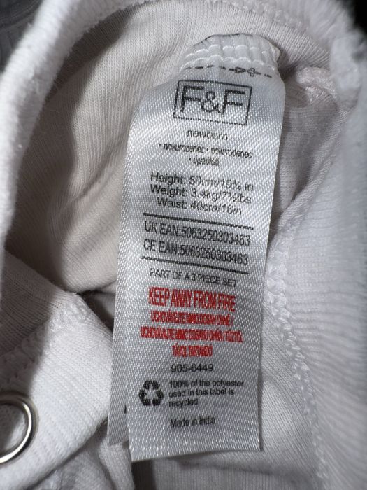 Бодік білий F&F бавовна 0–1 міс у гарному стані