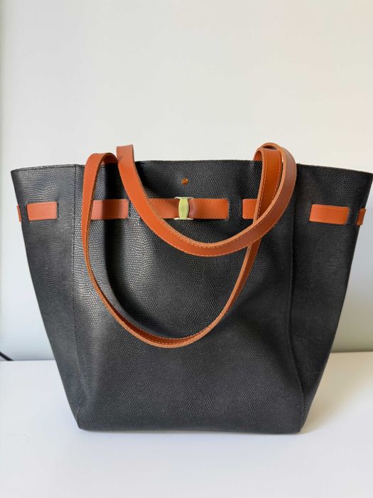 Skórzana torebka Batycki shopper czarna/brązowa z bursztynem, skóra naturalna