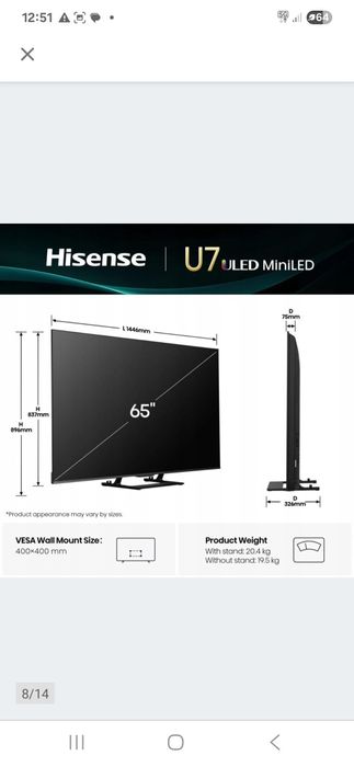 Telewizor HISENSE 65U7KQ MiniLED