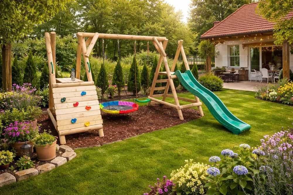 Plac zabaw dla dzieci TYMEK ślizg 2x huśtawka wspinaczka solidny trwały
