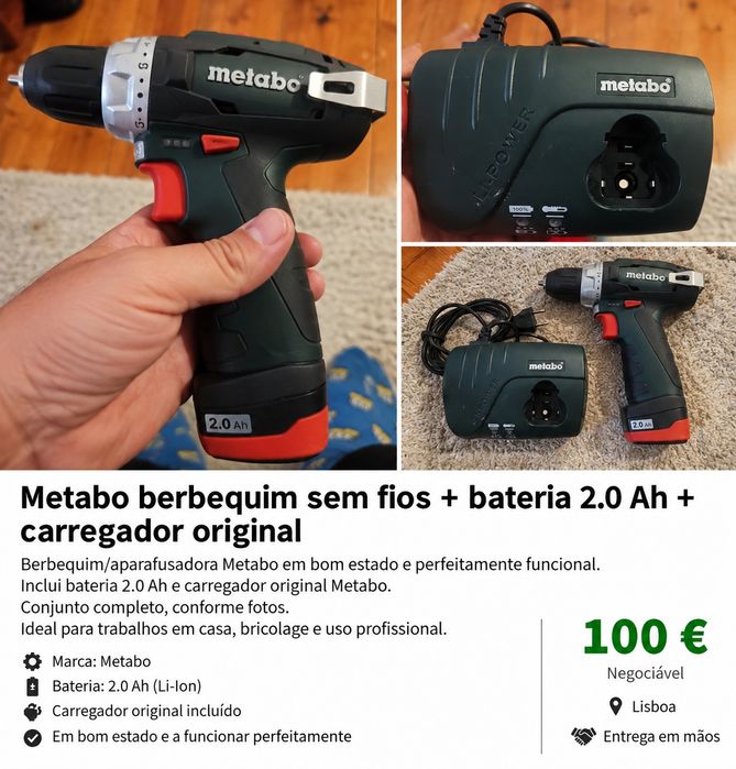 Berbequim Metabo sem fios + bateria 2.0 Ah + carregador