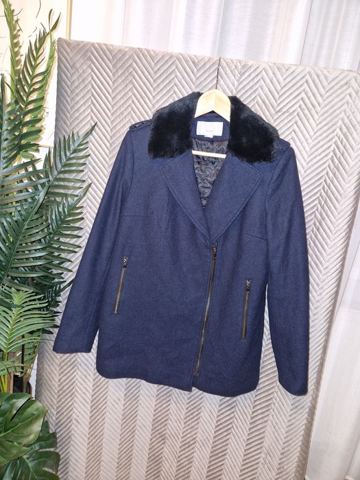 Krótki Płaszcz Damski BOSMANKA H&M  60% Wełna, Futrzany Kołnierz 40 /L