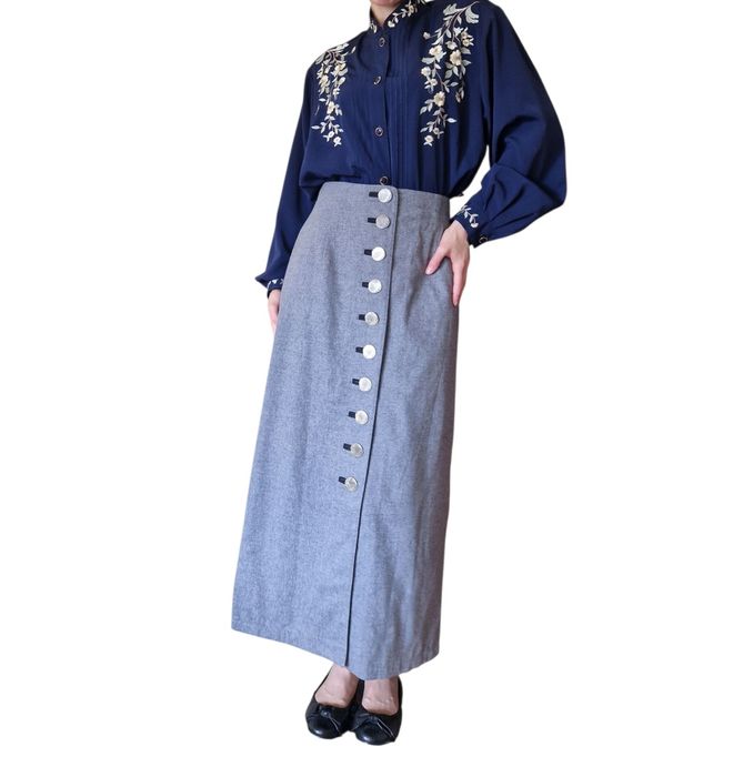 Vintage szara wełniana spódnica midi maxi landhaus