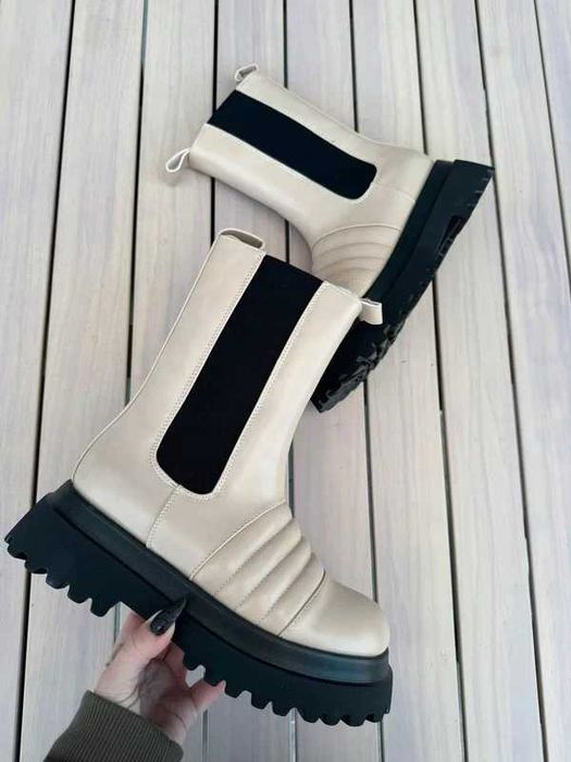 Beżowe Botki na Platformie z Wstawką, zapinane na zamek - 40