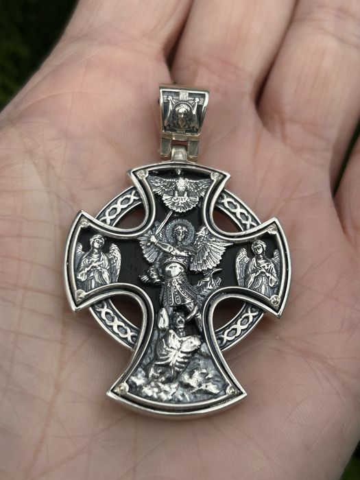 Двусторонній срібний хрест з ебеновим деревом, срібло 925