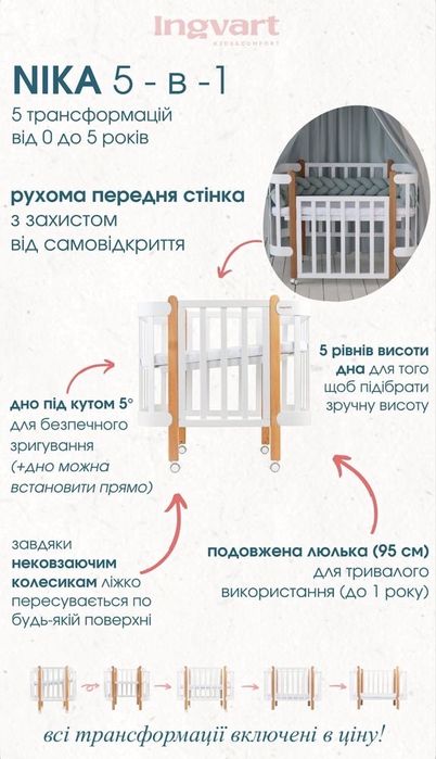 Детская кроватка NIKA 5/1 Ingvart, дитяче ліжко + матрац