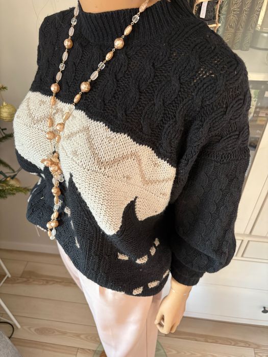 Ciepły wełniany sweter damski 42/XL warkocze wzory oversize