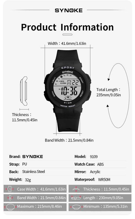 Zegarek damski Synoke elektroniczny cyfrowy sportowy LED datownik WR50