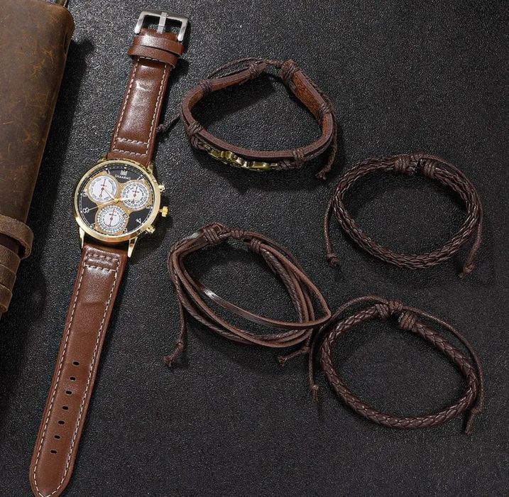 Zestaw meski 5 sztuk: zegarek + 4 bransoletki