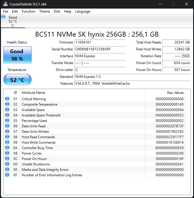 Швидкісний SSD NVMe M.2 SK Hynix BC511 256GB | Здоров'я 98% (370 год)
