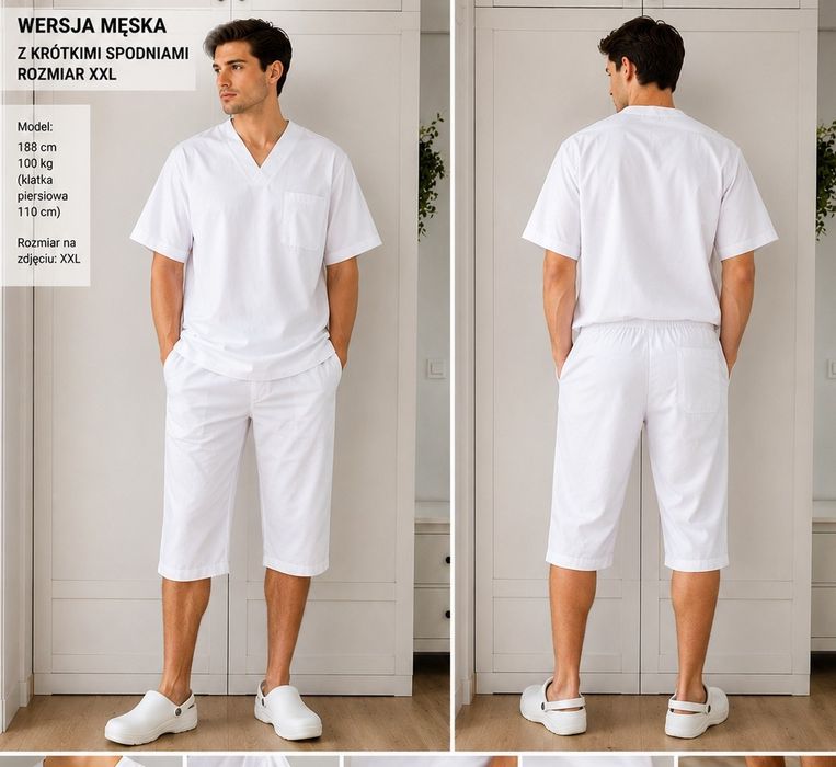 Komplet spodnie +spodenki +bluza +buty:strój piekarz,cukiernik,lekarz xxl