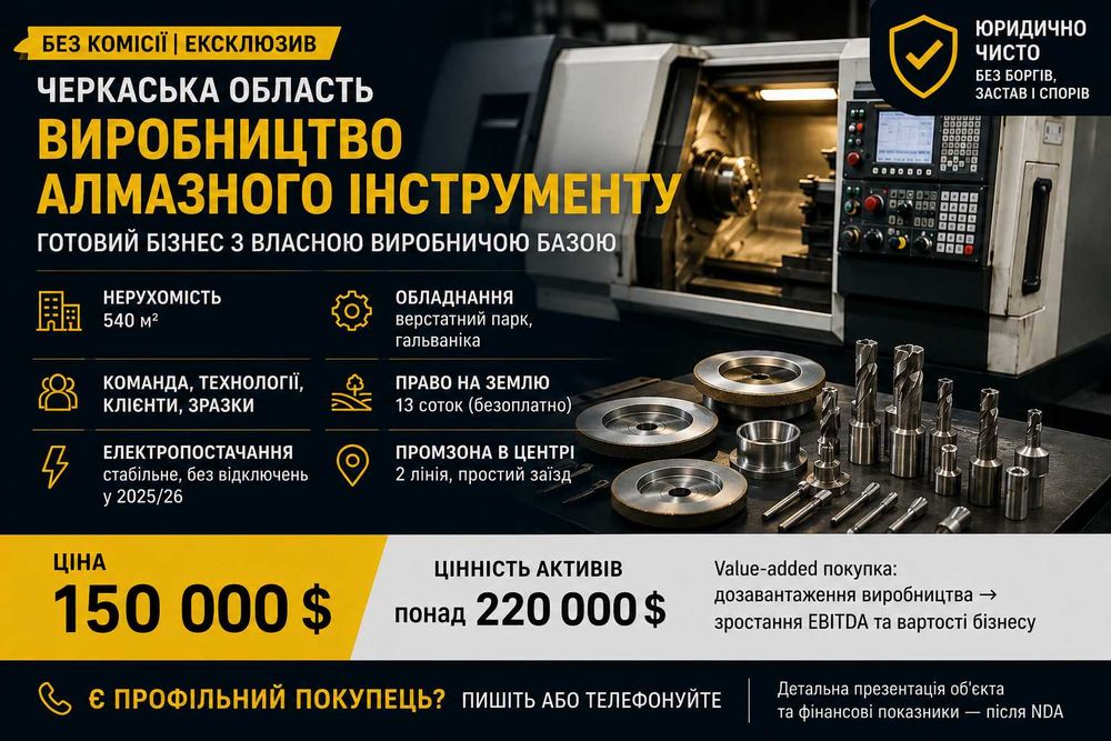 Черкаська область: виробництво алмазного інструменту з нерухомістю.