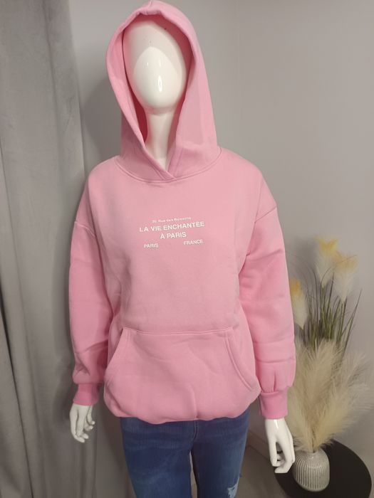 Bluza damska oversize z kapturem kieszeń kangurka pudrowy róż