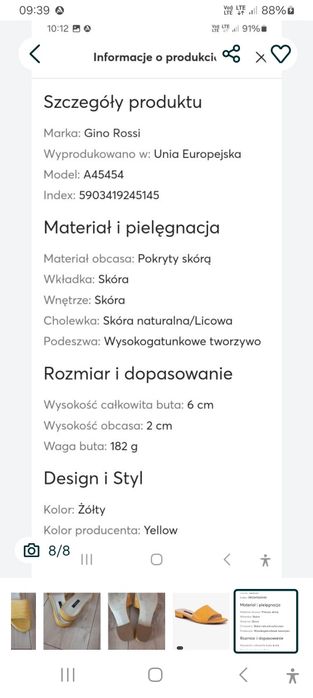 GINO ROSSI r.39/40 skóra naturalna skórzane damskie klapki buty żółte