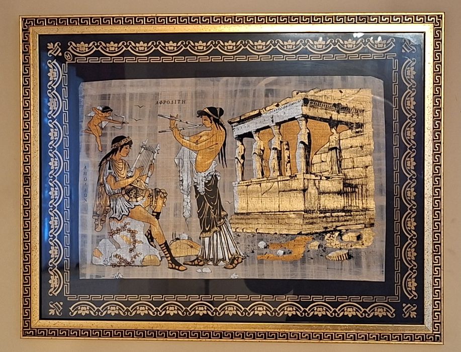 Papirus ze starożytnym motywem. Oprawiony w ramce ze szkłem.