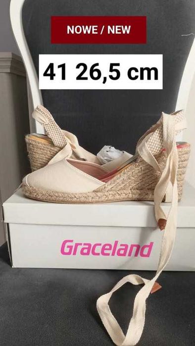 Deichmann Graceland kremowe espadryle wiązane etno folk koturna juta