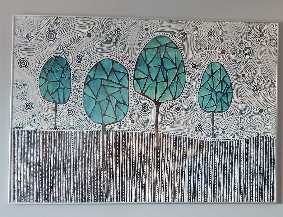 Nowoczesna grafika drzewa obraz rama antyrama 100x70 cm szare seledynowe