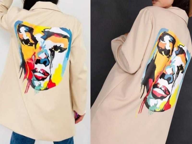 Miss city długa marynarka oversize z printem twarz art