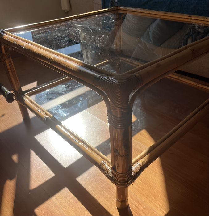 Mesa apoio bambu e vidro (2 andares) 50cm x 50cm
