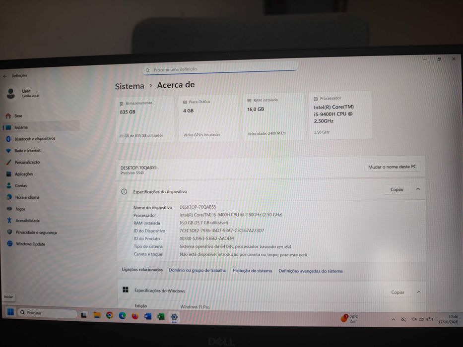 Dell Precision 15 5540 - Ecrã 15.6 FHD - Core i5 - Gráfica Dedicada - 16GB RAM - SSD+HDD