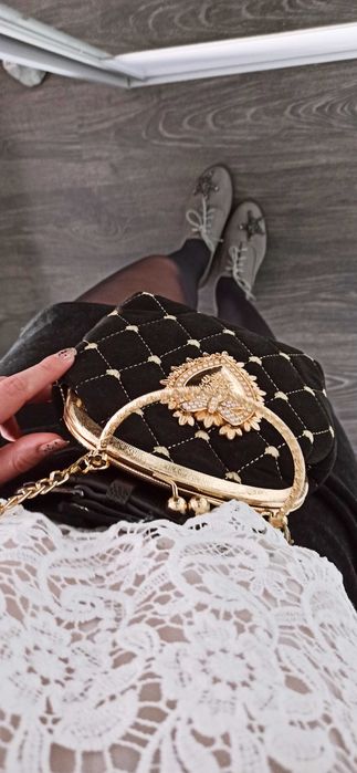 Czarna torebka damska NA SYLWESTRA welurowa na bigiel PREMIUM.