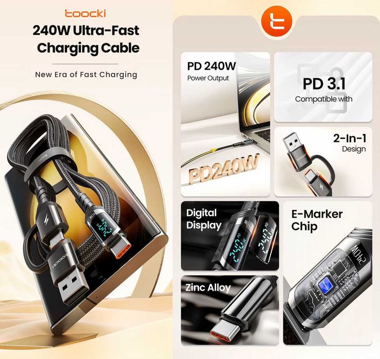 Кабелі TOOCKI/BASEUS, 2-in-1/3-in-1/3-in-2, 3.5A/6A/100W/240W