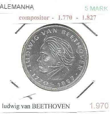 Alemanha - - 5 Mark - 1970-F -  Ludwig van Beethoven -- Moeda de Prata