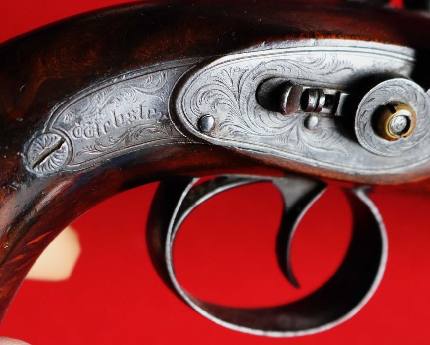 Soberba pistola de percussão dois canos Webster, Melton UK