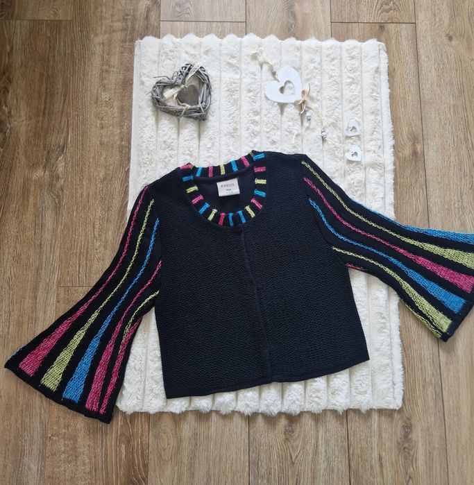 Kardigan Vintage Kriss Sweden S czarny haftowane paski dzwony boho retro