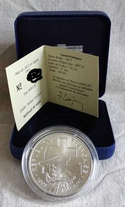 Moeda de Prata - França, 100 Francs "Jean Moulin"  1993 BNC