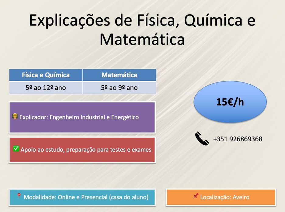 Explicações de Física, Química e Matemática - 5º ao 12º ano