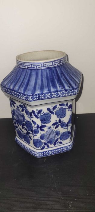 Frasco/Pote de Chá em Faiança Azul e Branca - Decoração Exclusiva