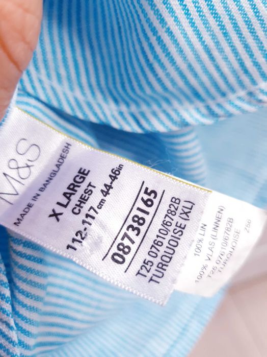 Biała turkusowa koszula w paski lniana 100% len męska Blue Harbour XL