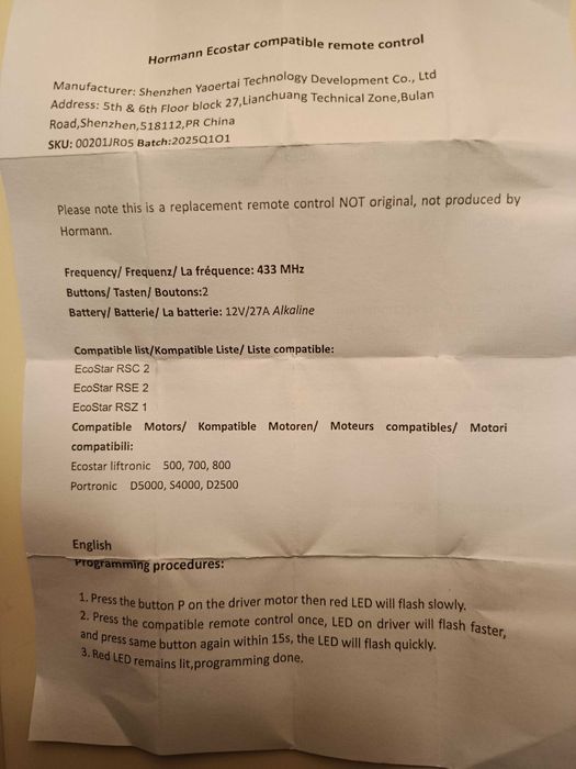 Controlo remoto Hermann Ecostar