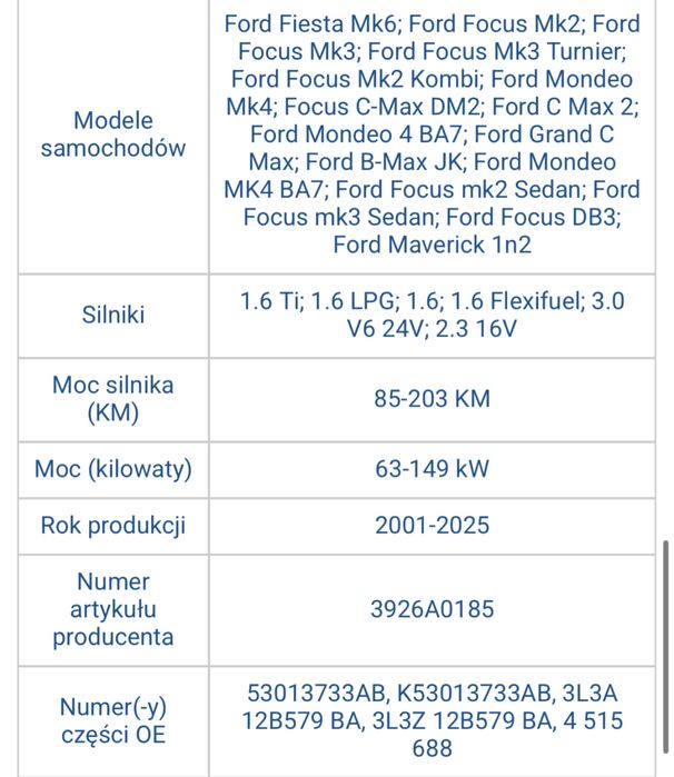 Nowy przepływomierz 3L3A-12B579-BA Ford