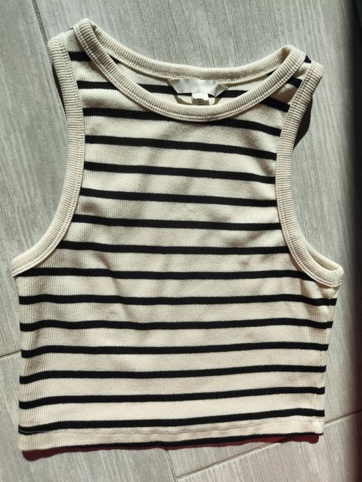 H&M S crop top w paski kremowy basic prążkowany