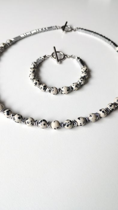 Komplet biżuterii jaspis dalmatyński stal chirurgiczna hematyt