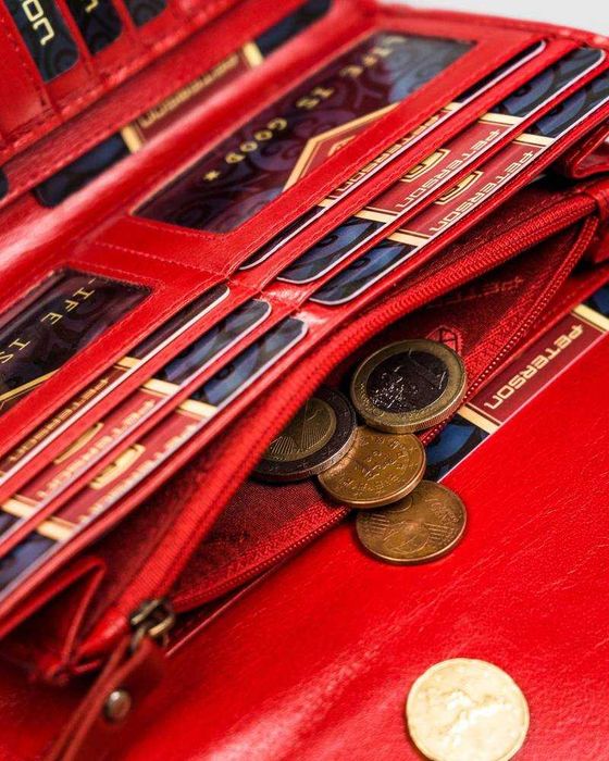 Portfel Damski PETERSON Duży SKÓRZANY Klasyczny Poziomy Elegancki RED