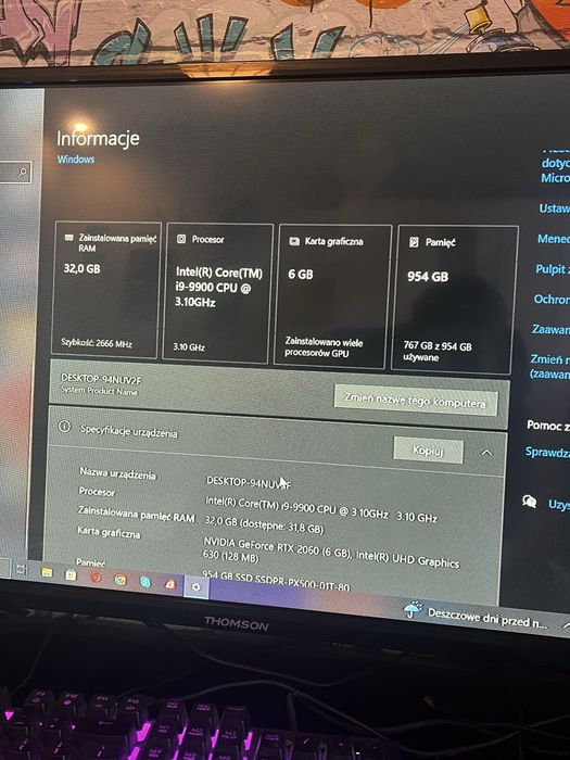 Komputer gamingowy / do pracy – RTX / i9-9900 / 32 GB RAM / Dysk 1tb SSD