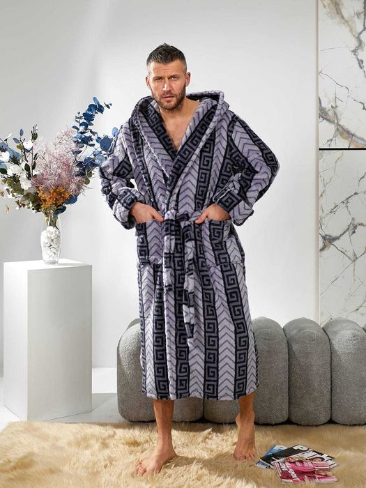 Мужской махровый халат батал / Халат с капюшоном на запах 44р-66р