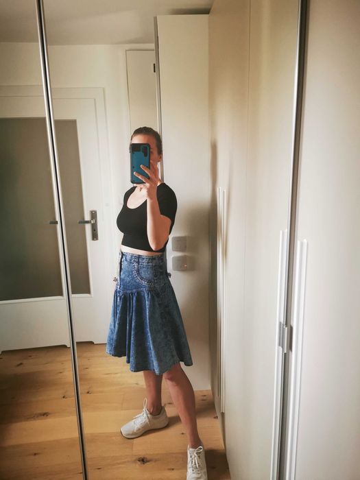 Spódnica jeans vintage wysoki stan dżety drapowana