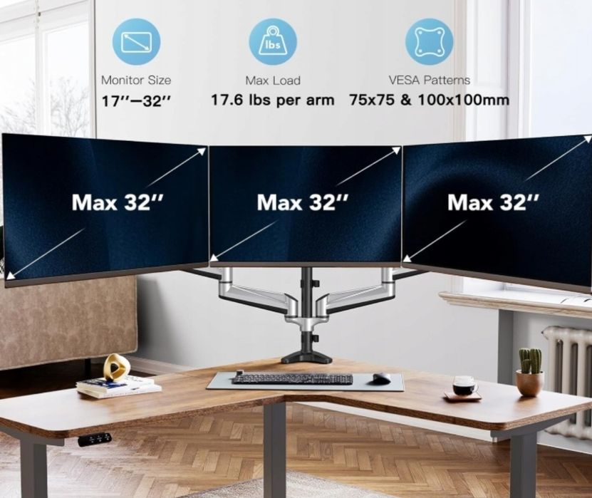 Uchwyt na 3 monitory do ekranów 17-32" regulacja 8 kg na ramię