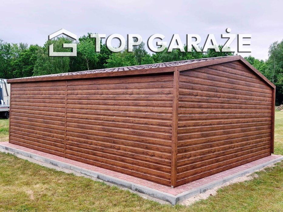 Garaż blaszany drewnopodobny z blachodachówką 4x6
