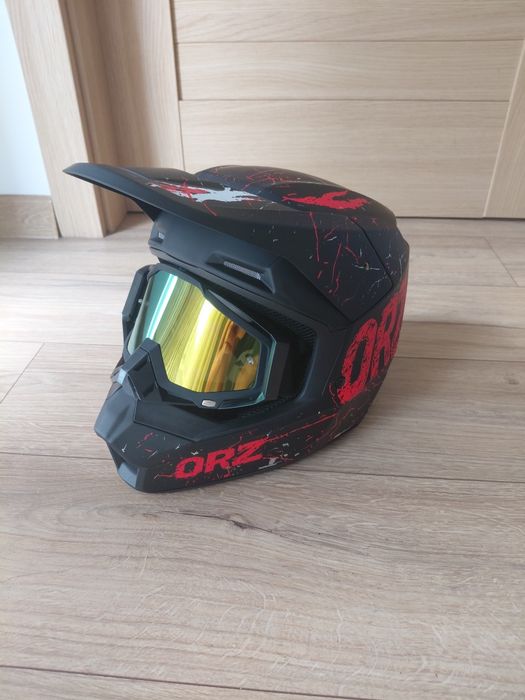 Kask motocyklowy Cross / Enduro ORZ + Gogle lustrzane (Stan  / Nowy)