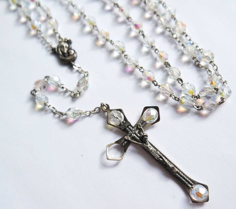 Różaniec piękny szklany opalizujący vintage duży naszyjnik