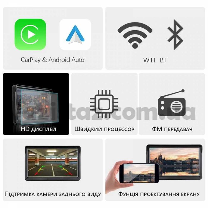 Монитор Карплей 7” + Камера заднего вида, беспроводной дисплей для авто CarPlay и Android Auto