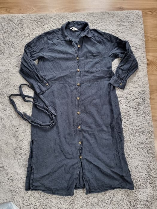 Sukienka granatowa z długim rękawem rozmiar S, H&M len