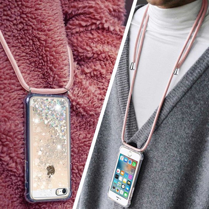 Etui iPhone 5 5S SE 2016 z łańcuszkiem brokat TPU różowe złoto