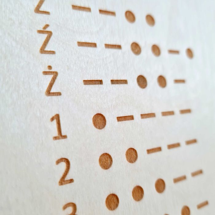 Alfabet Morse'a polski, kod Morse'a, drewniana tabliczka